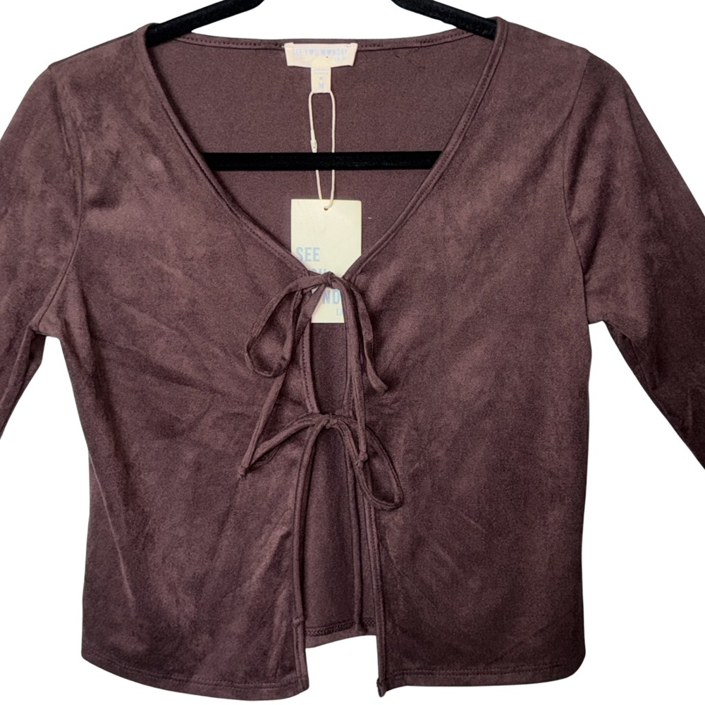 See You Monday Women's Brown Velvet-like Tie Front Long Sleeve Crop Top NWT - Picture 3 of 9